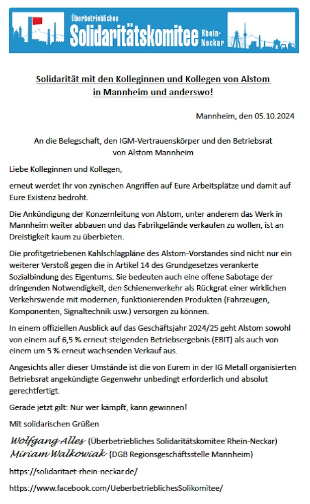 Solidarität mit den Kolleginnen und Kollegen von Alstom in Mannheim und anderswo!  Mannheim, den 05.10.2024